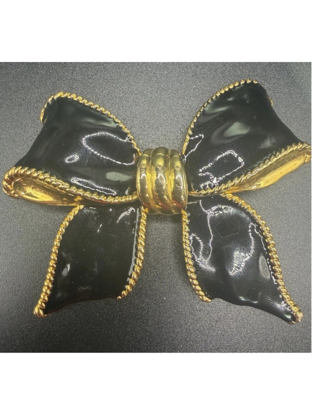 Vintage Large Black Enamel Bow Brooch Gold Tone Rope Trim Statement Pin